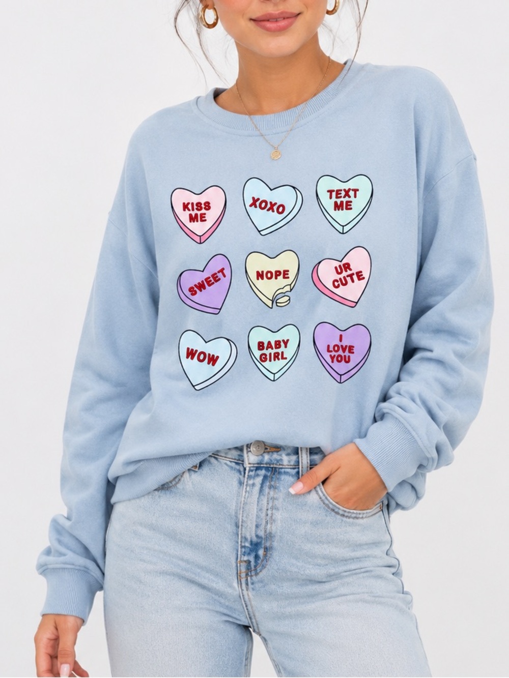 NWT Better Together Light Blue Candy Heart Crew Neck Cozy Sweatshirt Size Large